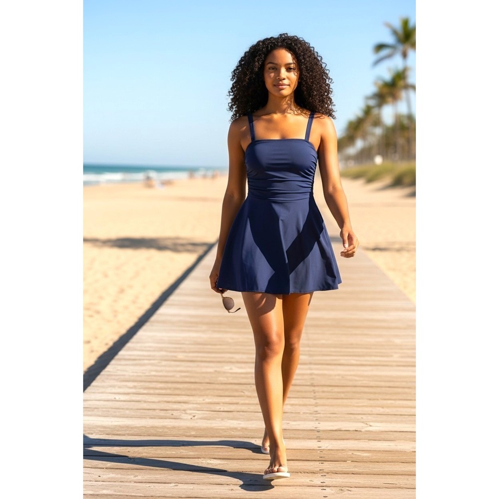 (I-248)AmberNoon II Swim Dress One Piece Swimsuit Navy Blue Size 8 Tummy Control